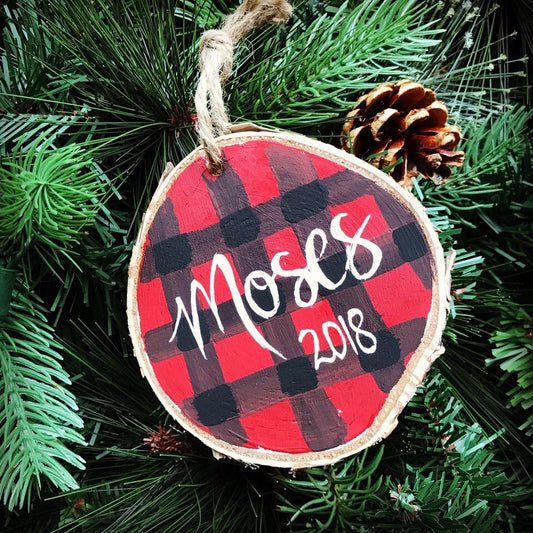 Custom name buffalo plaid Christmas ornament