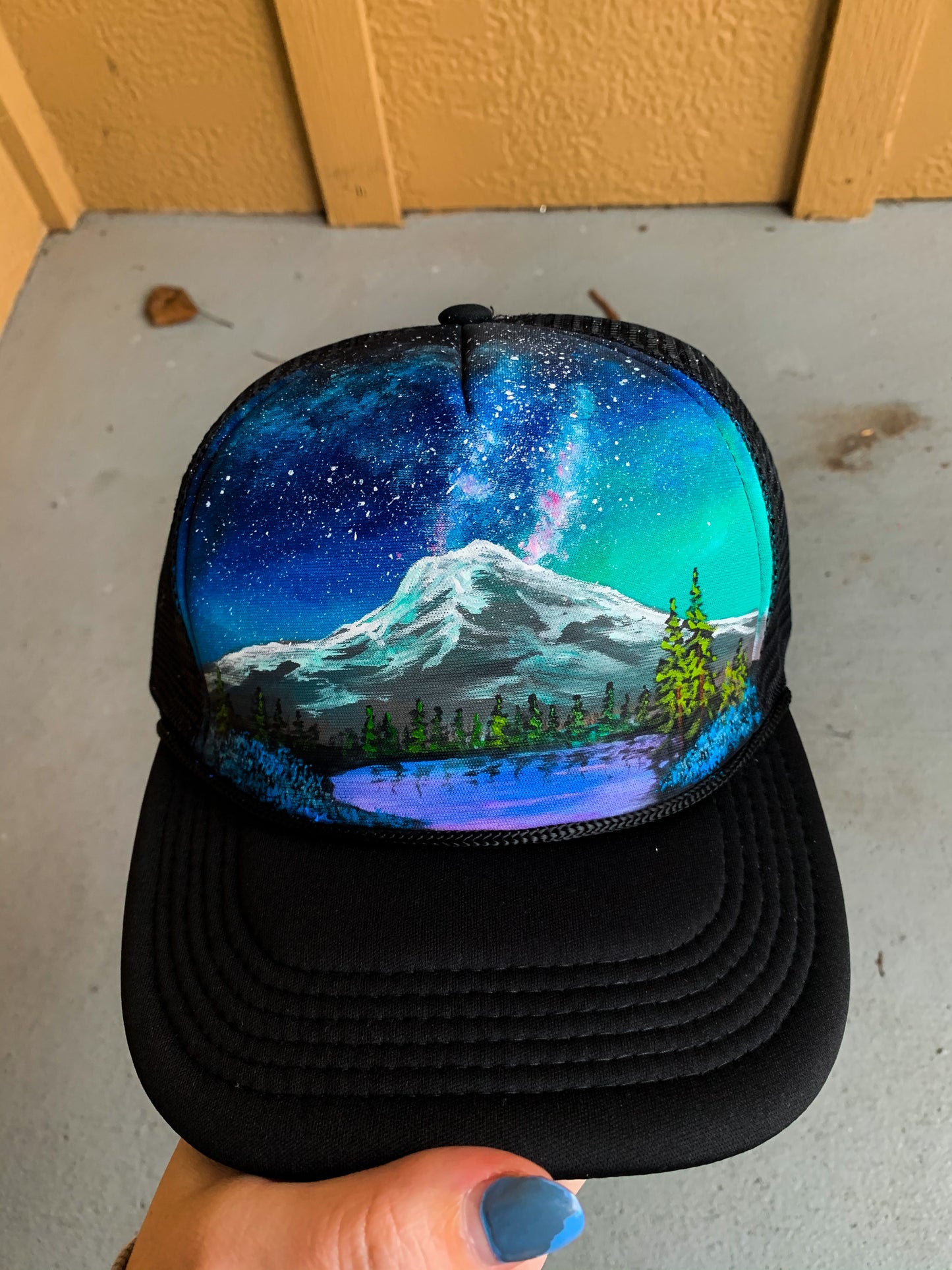 Aurora mountain painted trucker hat