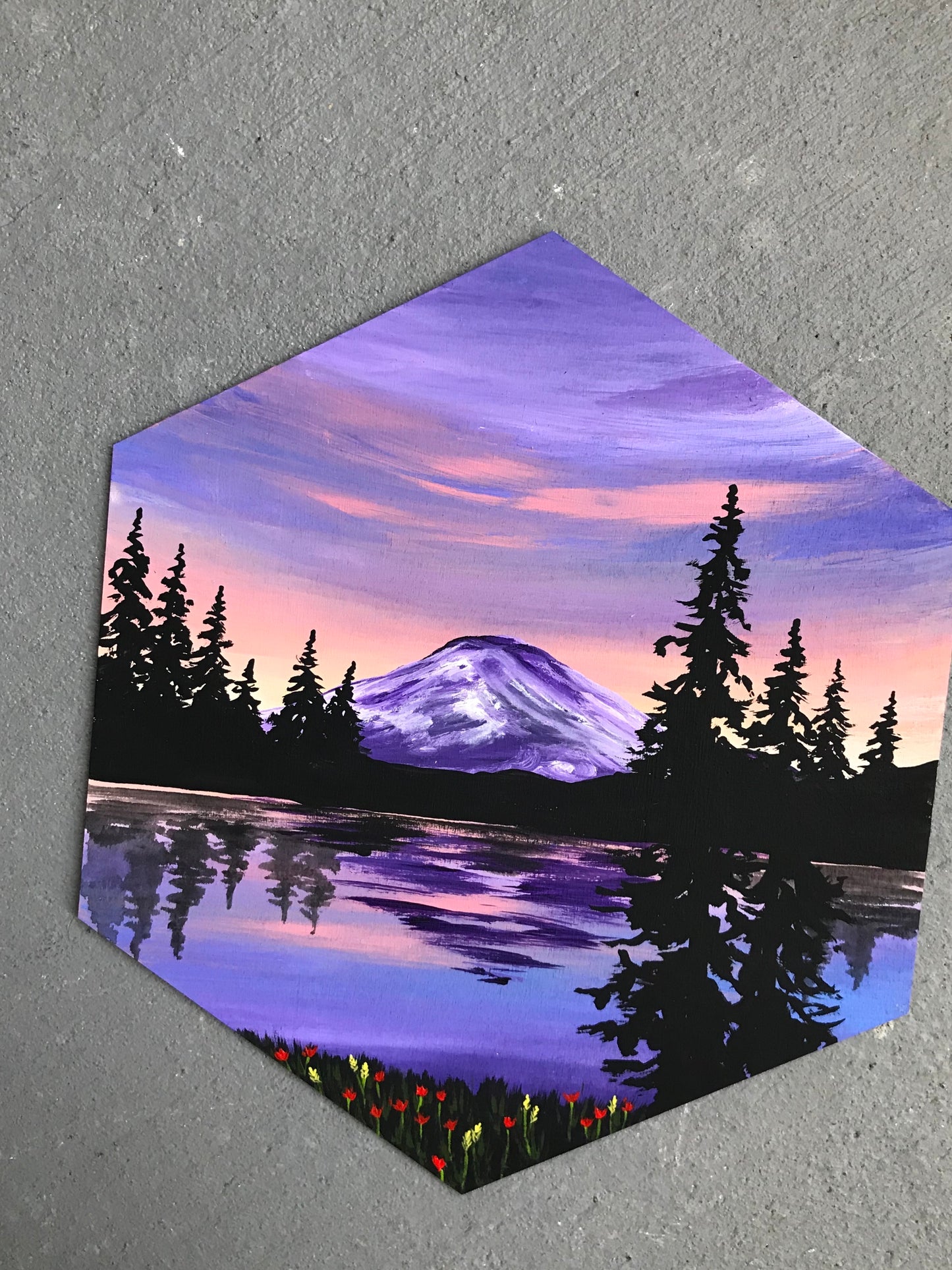 Purple mountain hexagon wood cutout painting