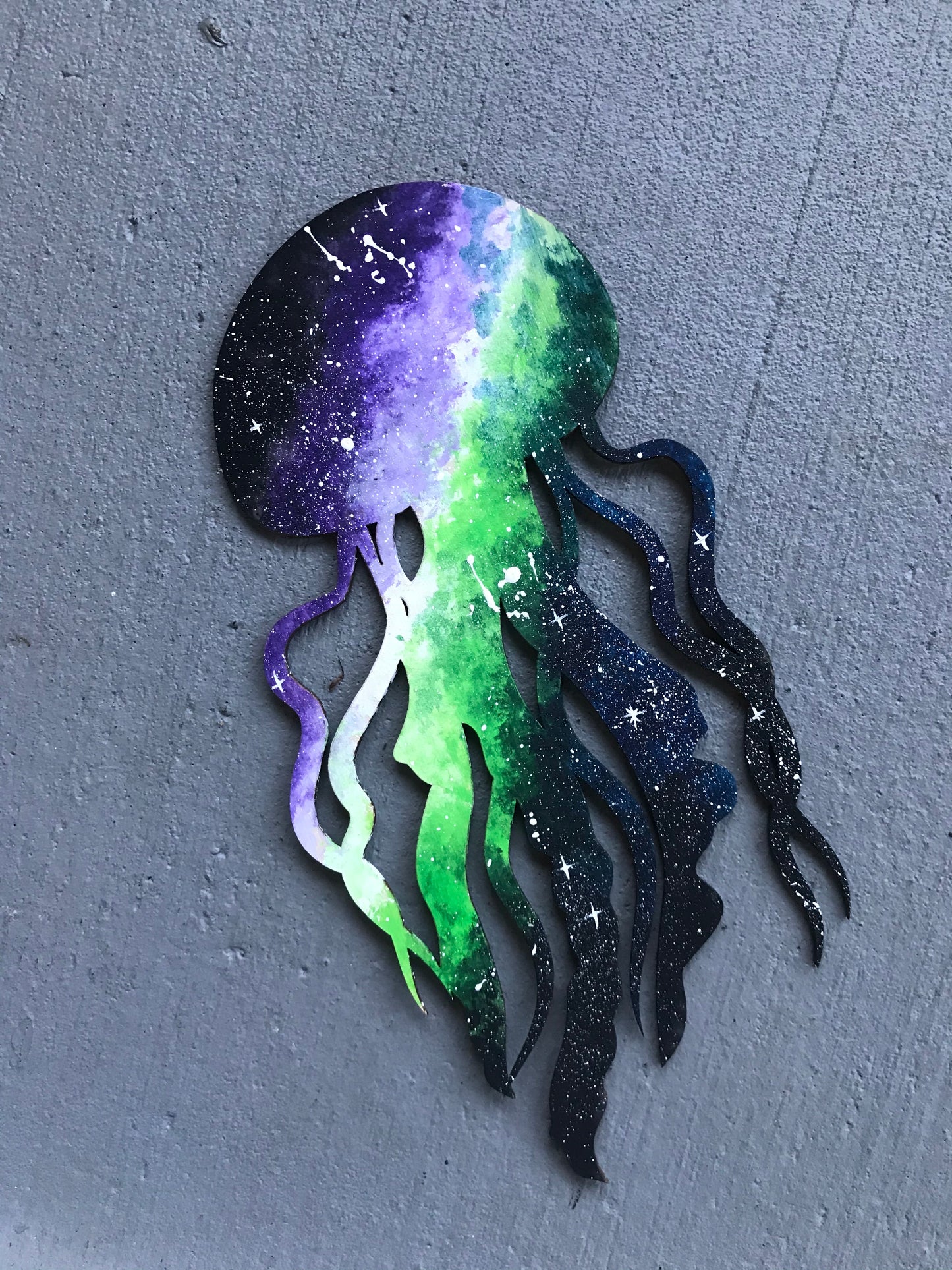 Jellyfish galaxy wood cutout painting