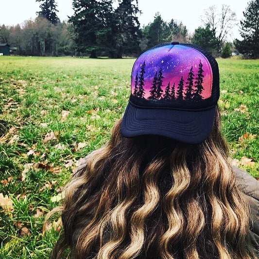 Purple sunrise forest hat handpainted trucker hat