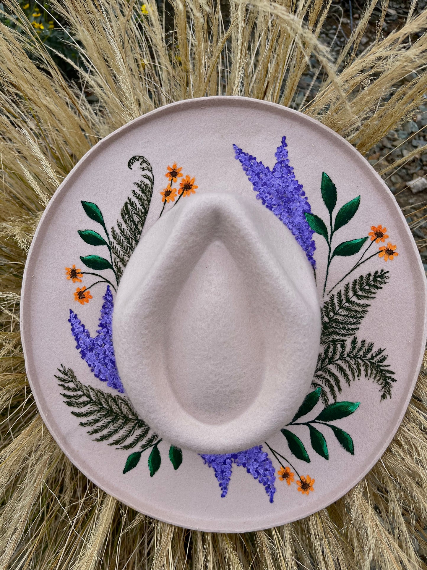 Botanical crown lilacs ivory suede wide brim rancher hat