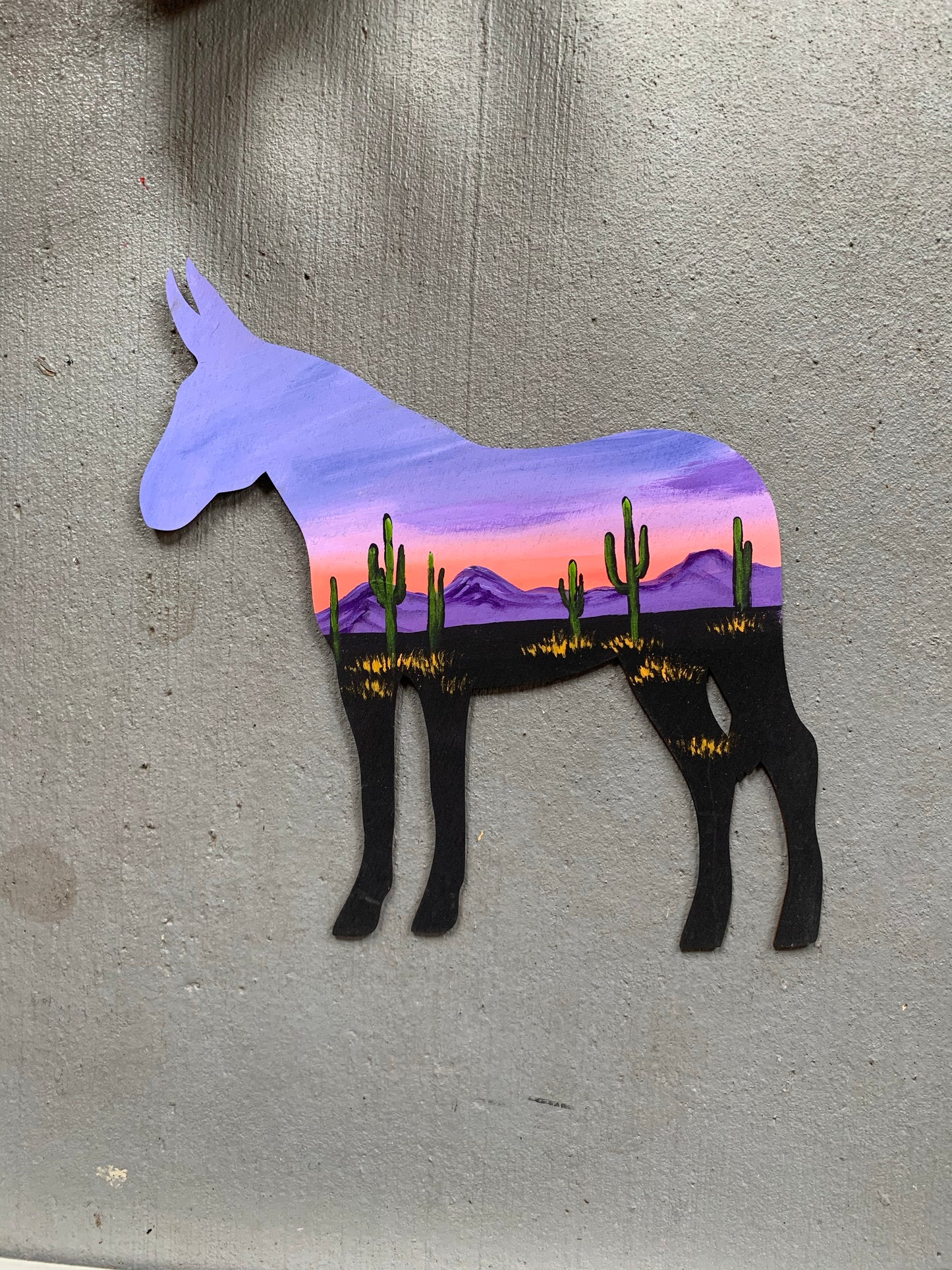 Donkey desert wood cutout painting