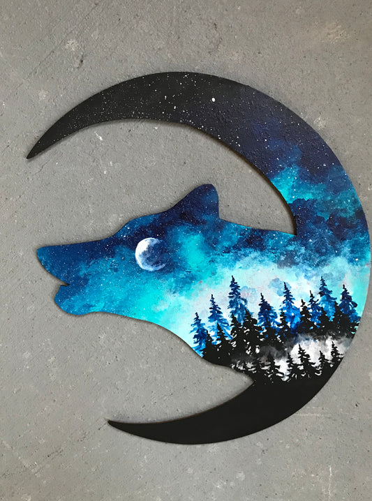 Wolf moon wood cutout painting