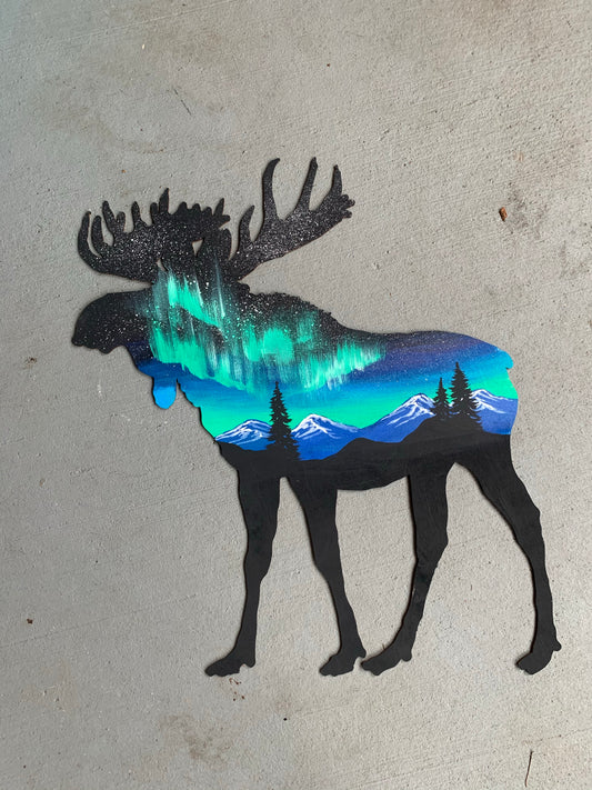 Moose wood cutout painting