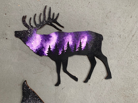 Elk purple wood cutout painting