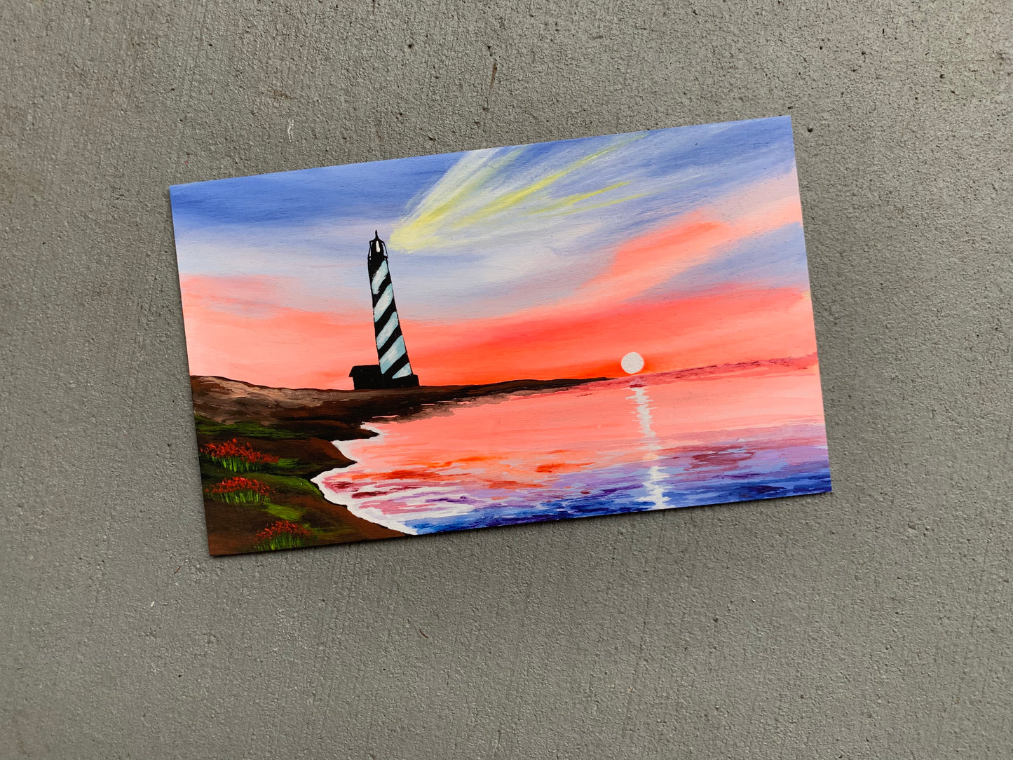 Lighthouse sunrise wood cutout painting