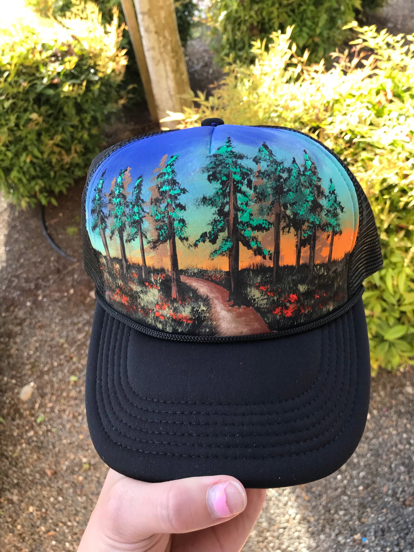 Hiking trail hat handpainted trucker hat