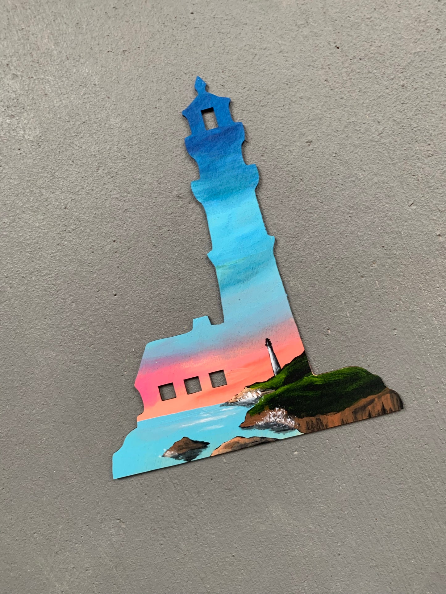 Lighthouse beach wood cutout painting