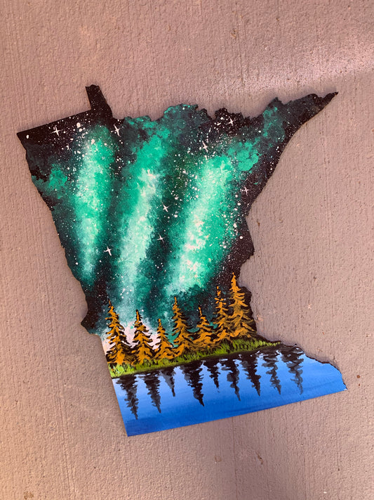 Minnesota northern lights wood cutout painting